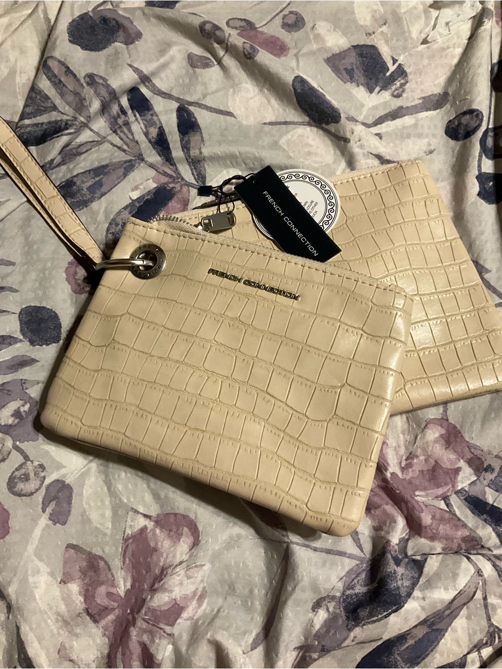 French Connection Beige Croc-Embossed Mini Wristlet Duo